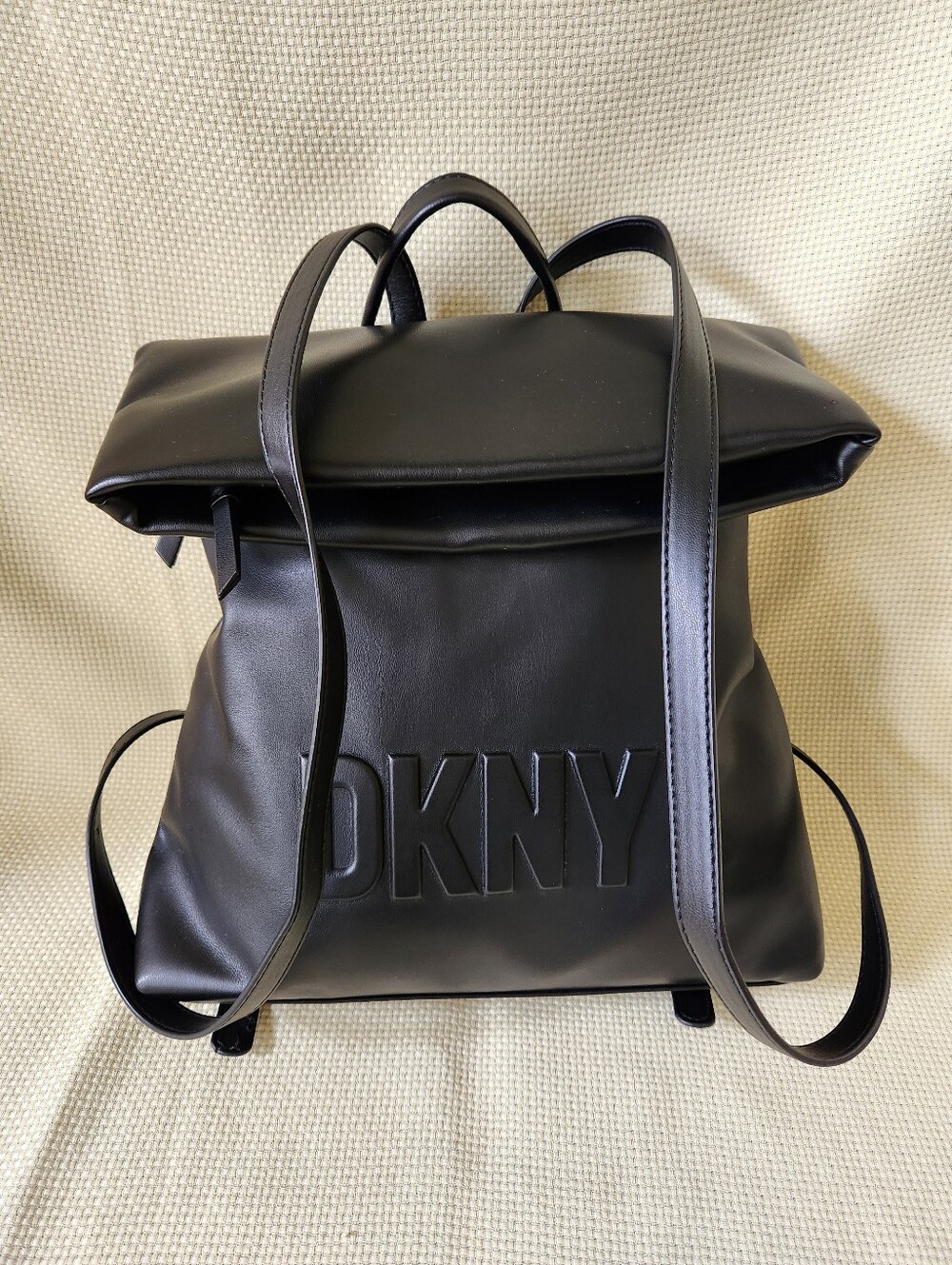 DKNY Tilly Foldover Backpack Black Faux Leather Debossed Logo Medium EUC - Picture 4 of 16